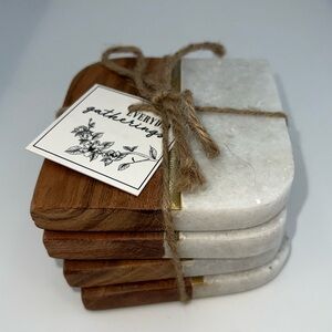 Marble Wood Brass Coasters  Set Of 4 Modern Contemporary NEW With Tags